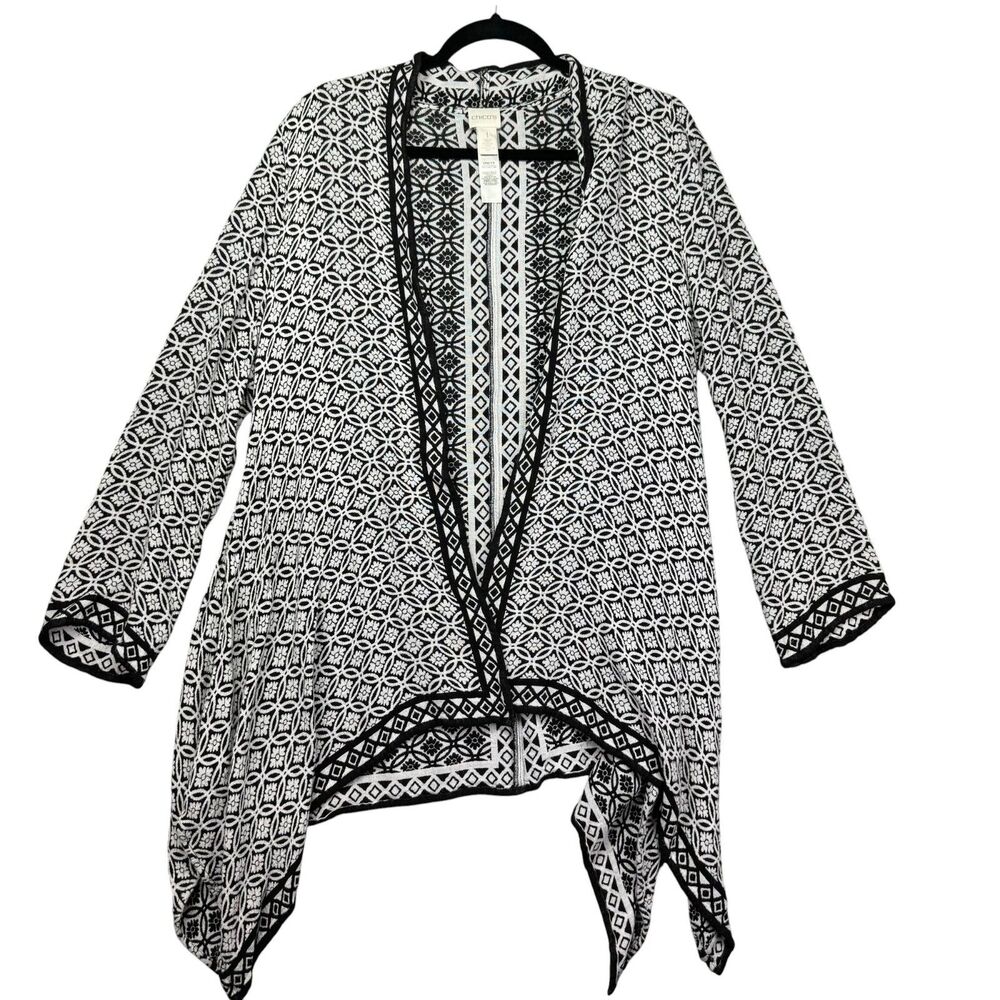 Chico's Cardigan Women's 1 Medium Black White Trim Jacquard Kimono Long Sleeve